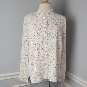 TALBOTS Cream Navy Blue Polka-Dot Ruffle Collar Cuffs Preppy Office Blouse XLP